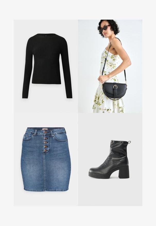 Pull ajusté noir à manches longues et côtelé avec un col rond, présenté sur un fond clair uni.; Jupe en denim bleu moyen avec une silhouette ajustée. Dispose d'une fermeture à cinq boutons sur le devant, de deux poches avant et d'un ourlet cousu.; Bottes noires à la cheville en cuir lisse, dotées d'une fermeture éclair sur le côté, d'un talon épais texturé et d'une conception à bout rond.; Sac à main en cuir noir avec une forme courbée, bandoulière amovible et des accessoires en or. Le sac est doté d'un rabat avec un détail de boucle.