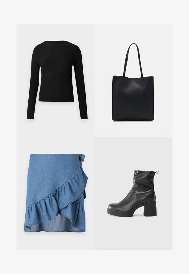 Suéter negro de manga larga ajustado con estampado de canalé y cuello redondo, exhibido sobre un fondo claro y liso.; Falda envolvente de denim en azul claro, con un dobladillo con volantes y un detalle de lazo en la cintura. Textura suave y una silueta fluida.; Botines negros de tobillo, hechos de cuero suave, con cierre lateral, tacón grueso texturizado y diseño de punta redondeada.; Bolso tote de cuero negro con textura lisa, forma rectangular y dos asas largas. Sin herrajes ni adornos visibles.