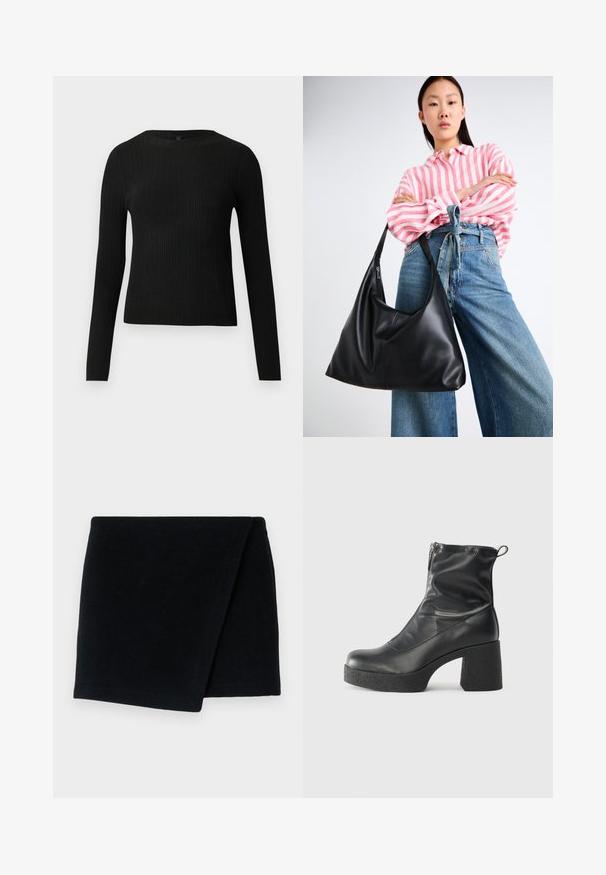 Black ribbed long-sleeve fitted sweater with a round neckline, displayed against a plain light background.; Black wool scarf, rectangular shape, soft texture, folded with clean edges, minimal design, suitable for warmth and layering.; Black ankle boots made of smooth leather, featuring a side zipper, chunky textured heel, and rounded toe design.; Black leather shoulder bag with a slouchy shape and seam details. Model wears a pink and white striped shirt with wide-leg blue jeans.