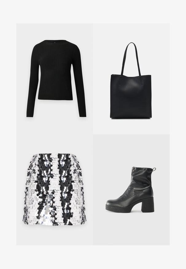Black ribbed long-sleeve fitted sweater with a round neckline, displayed against a plain light background.; Sequin mini skirt in black and silver with a fitted shape. Features reflective circular sequins arranged in a wavy pattern. Smooth texture.; Black ankle boots made of smooth leather, featuring a side zipper, chunky textured heel, and rounded toe design.; Black leather tote bag with smooth texture, rectangular shape, and two long handles. No visible hardware or embellishments.