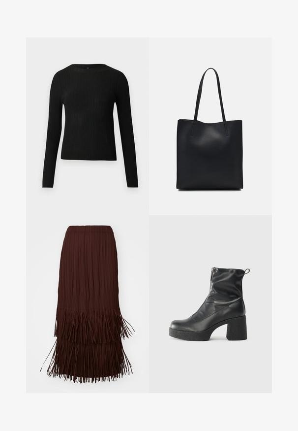 Mustmustriibuline must pikavarsiline sobiv sviiter ümmarguse kaelusega, esitatud helehallil taustal.; Pruun voltidega midi seelik, mille allääres on kihilisi frantsi, millel on elastne vöökoht ja voolav tekstuur.; Mustad mustad ansapüksid, mis on valmistatud siledast nahast, külje zipperiga, paksu tekstuuriga kontsaga ja ümmarguse nina disainiga.; Mustast nahast kott sujuva tekstuuriga, ristkülikukujuline ja kahe pika sangaga. Pole nähtavat riistvara ega kaunistusi.