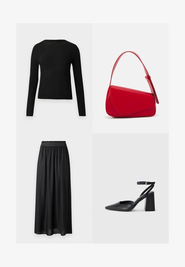 Črna rebrasta dolgosleeve prilegnjena pulover s krožnim ovratnikom, prikazan na enostavni svetli podlagi.; Črna krila srednje dolžine, izdelana iz lahkega materiala, z elastičnim pasom in ohlapno silhueto ter gladko teksturo.; Črne usnjene klasične čevlje z ostrim nosom, z zaponko za gleženj in debelim peto. Ravna tekstura, eleganten dizajn in minimalistična estetika.; Rdeča usnjena torba z angularnim, geometrijskim dizajnom. Ima en samostoječ nastavljiv ročaj in pokrov, zaprt z zapiranjem, ki je okrašen s šivi.
