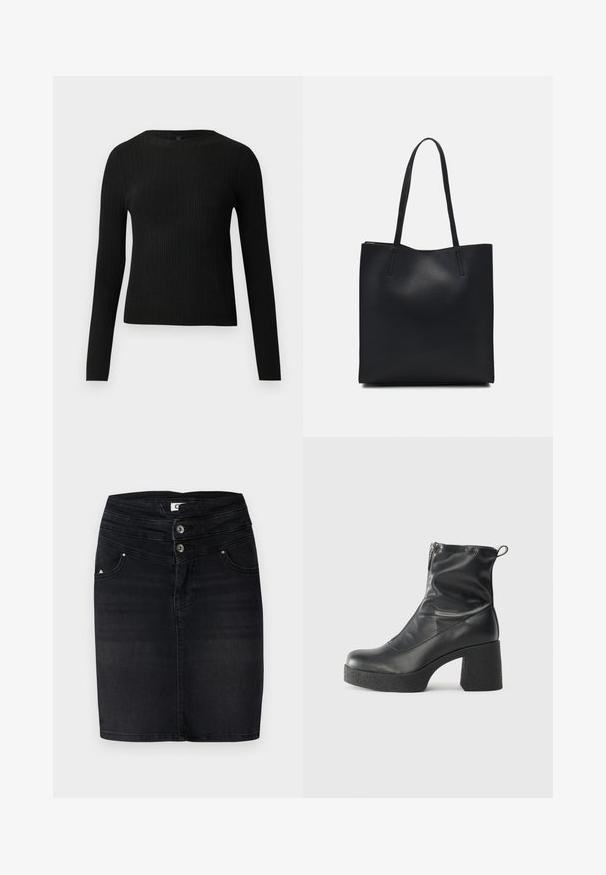 Black ribbed long-sleeve fitted sweater with a round neckline, displayed against a plain light background.; Black denim skirt featuring a fitted design, two buttons at the waist, and front pockets with a subtle logo detail on the side.; Black ankle boots made of smooth leather, featuring a side zipper, chunky textured heel, and rounded toe design.; Black leather tote bag with smooth texture, rectangular shape, and two long handles. No visible hardware or embellishments.