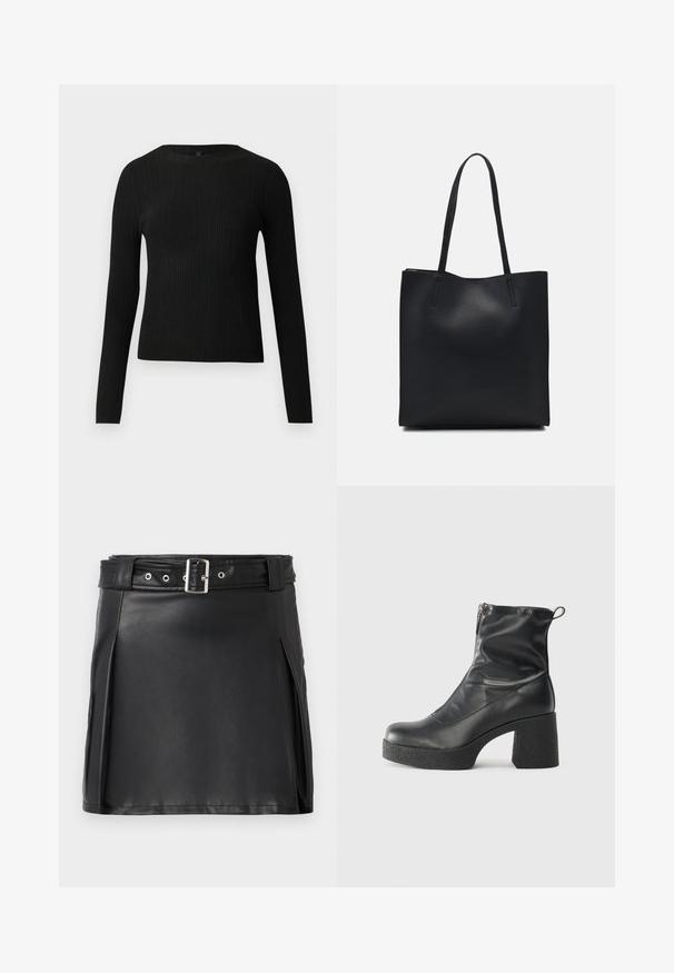 Black ribbed long-sleeve fitted sweater with a round neckline, displayed against a plain light background.; Black faux leather mini skirt with a fitted design, side pleats, and a belt featuring a silver buckle and eyelets. Smooth texture, high waist.; Black ankle boots made of smooth leather, featuring a side zipper, chunky textured heel, and rounded toe design.; Black leather tote bag with smooth texture, rectangular shape, and two long handles. No visible hardware or embellishments.