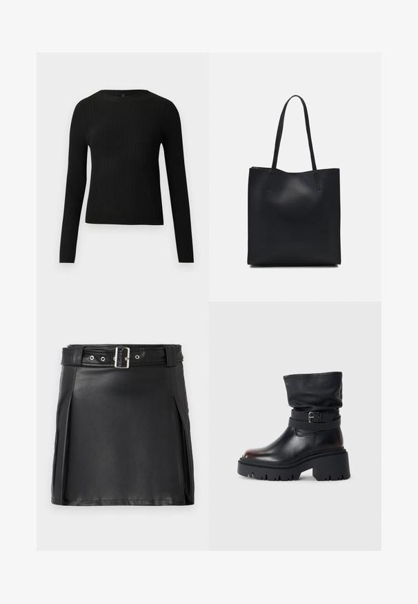 Czarny, prążkowany, dopasowany sweter z długim rękawem i okrągłym dekoltem, wyeksponowany na jednolitym jasnym tle.; Czarna mini spódnica z ekoskóry o dopasowanym kroju, z bocznymi fałdami i paskiem z ozdobną klamrą w kolorze srebra oraz oczkami. Gładka tekstura, wysoki stan.; Czarne skórzane botki za kostkę z luźną cholewką, detalem w postaci klamry oraz grubą, solidną podeszwą. Charakteryzują się okrągłym noskiem i gładką fakturą.; Czarna skórzana torba tote o gładkiej fakturze, prostokątnym kształcie i dwóch długich uchwytach. Brak widocznych elementów metalowych i ozdób.