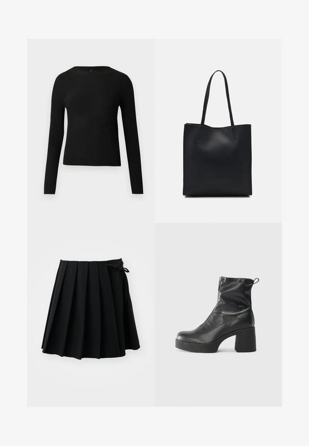 Pulover negru cu mâncă lungă, cu textură ribbed, cu decolteu rotund, expus pe un fundal deschis și simplu.; Fustă plisată neagră, realizată dintr-un material moale, cu un detaliu la talie legat. Designul oferă o formă evazată cu o lungime deasupra genunchilor.; Bocanci negri de glezna din piele netedă, cu fermoar lateral, toc texturat și masiv, și design cu vârf rotund.; Geantă tote neagră din piele, cu textură netedă, formă rectangulară și două mânere lungi. Fără hardware vizibil sau ornamente.