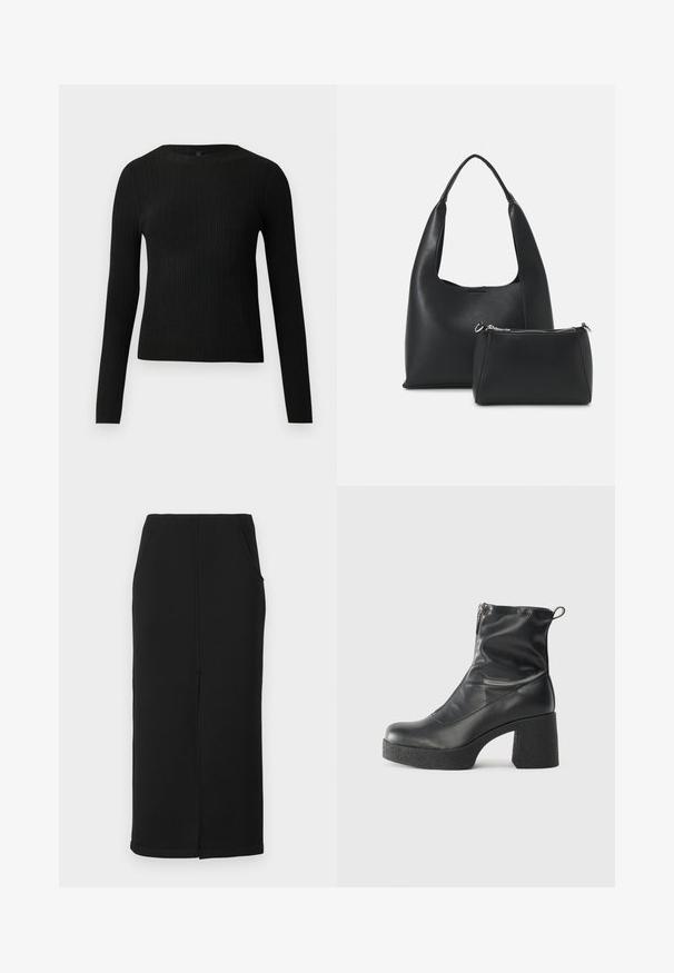 Črna rebrasta dolgosleeve prilegnjena pulover s krožnim ovratnikom, prikazan na enostavni svetli podlagi.; Črna midi krila iz mehkega, raztegljivega blaga s pravim silhueto, ki ima stranske žepke in srednji šiv.; Črne gležnjarje iz gladke kože z božnim zadrgo, masivnim teksturiranim peto in zaobljeno obliko prstov.; Even&Odd Torbica - black