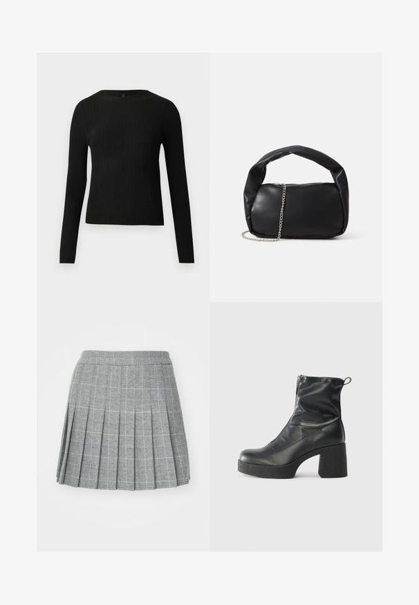 Fekete bordázott, hosszú ujjas, testhez simuló pulóver kerek nyakkivágással, világos, egyszínű háttér előtt kiemelve.; Szürke kockás pliszírozott szoknya, strukturált derékkal, sötét és világos árnyalatokkal mintázva. Sima textúra, térd hosszúságú kivitel.; Fekete bokacsizmák sima bőrből, oldalsó cipzárral, vastag, texturált sarkú és lekerekített orrú dizájnnal.; Fekete bőr kézitáska kerekded formával, vastag fogantyúval és ezüst lánc vállpánttal. Sima textúra, enyhe fényességgel.