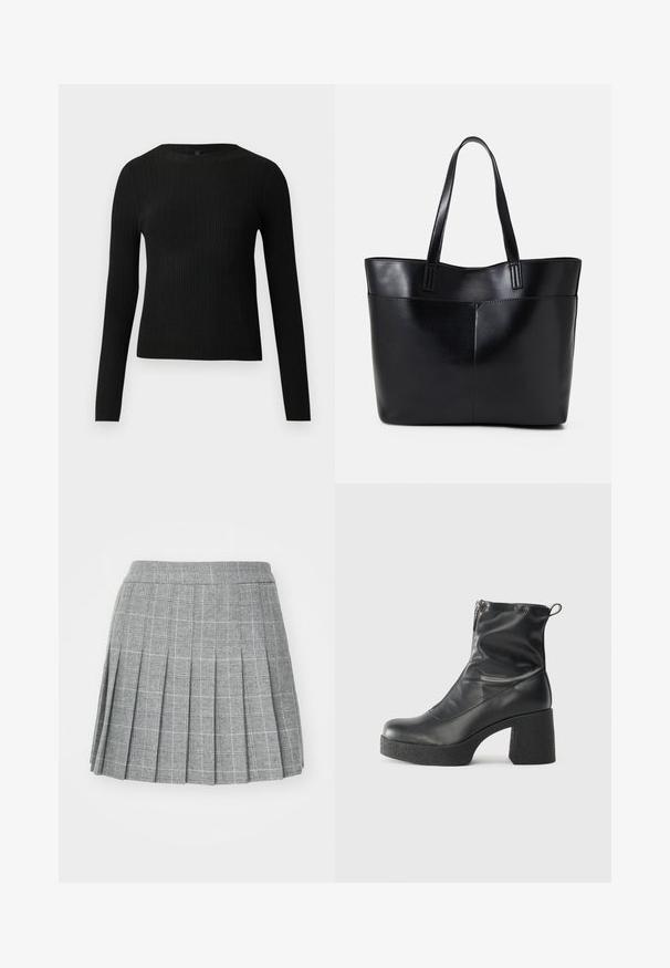 Fekete bordázott, hosszú ujjas, testhez simuló pulóver kerek nyakkivágással, világos, egyszínű háttér előtt kiemelve.; Szürke kockás pliszírozott szoknya, strukturált derékkal, sötét és világos árnyalatokkal mintázva. Sima textúra, térd hosszúságú kivitel.; Fekete bokacsizmák sima bőrből, oldalsó cipzárral, vastag, texturált sarkú és lekerekített orrú dizájnnal.; Fekete bőr bevásárlótáska két hosszú fogantyúval, sima felülettel és strukturált formával. Elülső zseb található rajta a plusz tárolás érdekében.