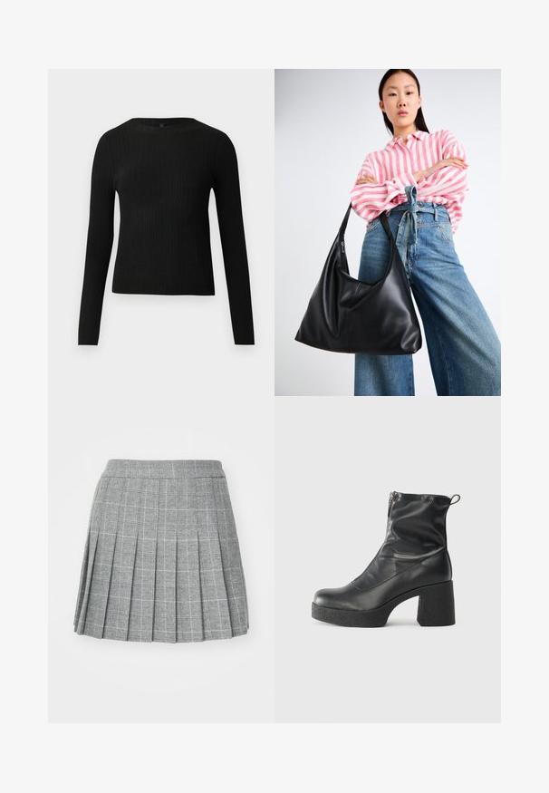 Čierny rebrovaný pulóver s dlhým rukávom, priliehajúci, s okrúhlym výstrihom, vystavený na jednoduchom svetlom pozadí.; Sivá kockovaná sukňa s plisovaním a štruktúrovaným pásom, s kockovaným vzorom v tmavých a svetlých odtieňoch. Hladká textúra, dĺžka po kolená.; Čierne členkové topánky z hladkej kože, so bočným zipsom, robustnou textúrovanou pätnou časťou a zaobleným dizajnom špičky.; Čierna kožená taška cez rameno s uvoľneným tvarom a detailmi švov. Model má na sebe ružovú a bielu prúžkovanú košeľu a široké modré džínsy.