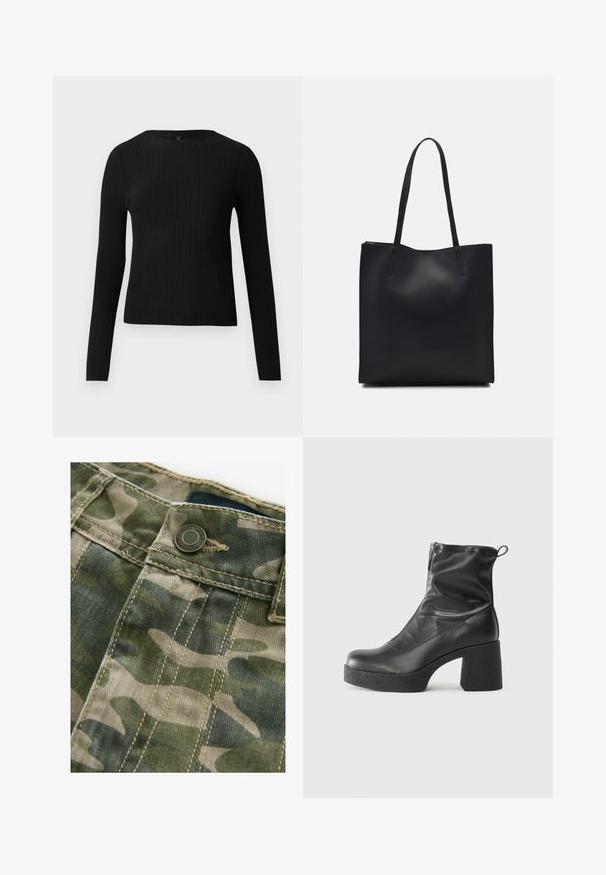 Maglione fitted a maniche lunghe nero a costine con scollo rotondo, esposto su uno sfondo chiaro e semplice.; Tessuto a motivo mimetico in tonalità di verde e beige con cuciture visibili. Presenta un bottone metallico in vita, texture denim.; Stivali neri alla caviglia in pelle liscia, con zip laterale, tacco spesso e texture, e punta arrotondata.; Borsa tote in pelle nera con texture liscia, forma rettangolare e due manici lunghi. Nessun hardware o decorazione visibile.