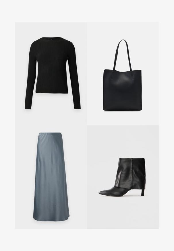 Svart ribbestrikket langermet tettsittende genser med rund hals, vist mot en ensfarget lys bakgrunn.; Lang A-formet skjørt i et mykt, grått satengstoff. Har elastisk midjebånd og en glatt, flytende tekstur uten synlige mønstre.; Svart skinnhalvstøvlett med spiss tå, brettet øvre skaft og slank lav hæl som står på hvit bakgrunn.; Svart lær tote bag med glatt tekstur, rektangulær form og to lange håndtak. Ingen synlige deler eller dekorasjoner.