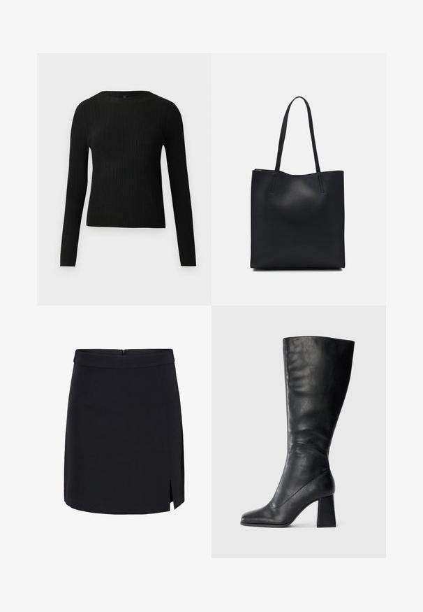 Svart ribbestrikket langermet tettsittende genser med rund hals, vist mot en ensfarget lys bakgrunn.; Svart miniskjørt laget av glatt stoff med en tettsittende midje, med et sideslitt og en skjult glidelås i ryggen.; Svart knelengde lærboot med spiss tå og blokk hæl mot en lys ensfarget bakgrunn.; Svart lær tote bag med glatt tekstur, rektangulær form og to lange håndtak. Ingen synlige deler eller dekorasjoner.