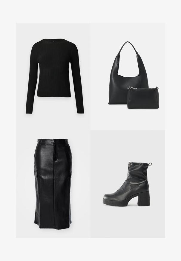 Čierny rebrovaný pulóver s dlhým rukávom, priliehajúci, s okrúhlym výstrihom, vystavený na jednoduchom svetlom pozadí.; Čierna kožená sukňa po kolená s predným švom, pútkami na opasok a postrannými nákladovými vreckami s klopami na bielom pozadí.; Čierne členkové topánky z hladkej kože, so bočným zipsom, robustnou textúrovanou pätnou časťou a zaobleným dizajnom špičky.; Even&Odd Kabelka - black