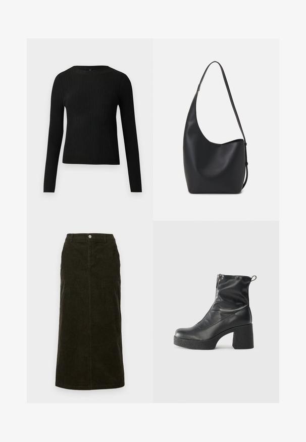 Black ribbed long-sleeve fitted sweater with a round neckline, displayed against a plain light background.; Green corduroy midi skirt with a straight silhouette, front button closure, and vertical ribbed texture. No pockets visible.; Black ankle boots made of smooth leather, featuring a side zipper, chunky textured heel, and rounded toe design.; Black leather hobo bag with a smooth texture, curved shape, and single adjustable strap; features a wide opening at the top.