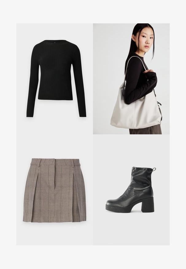 Mustmustriibuline must pikavarsiline sobiv sviiter ümmarguse kaelusega, esitatud helehallil taustal.; pruun kaeluskiri, millel on istuv vöökoht, külgpontsad ja mustririkas tekstuur, valmistatud kergest kootud kangast.; Mustad mustad ansapüksid, mis on valmistatud siledast nahast, külje zipperiga, paksu tekstuuriga kontsaga ja ümmarguse nina disainiga.; Bež käekott pehme materjali, millel on lõtv disain, õmblustega detailid ja kaks õlarihma. Sobib igapäevaseks kasutamiseks.