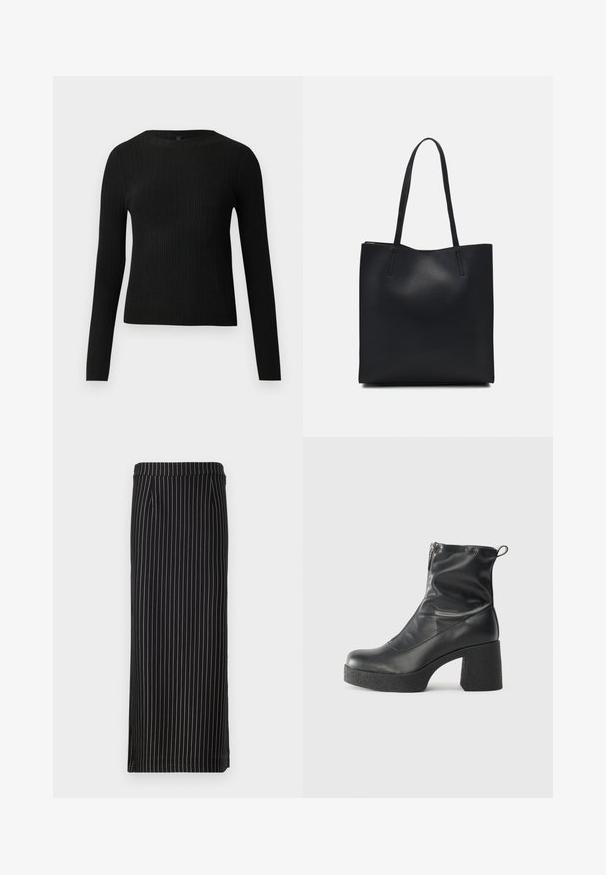 Maglione fitted a maniche lunghe nero a costine con scollo rotondo, esposto su uno sfondo chiaro e semplice.; Gonna nera a tubino con righe verticali bianche e di colori chiari, dotata di una vita e due tasche laterali. Tessuto con texture liscia.; Stivali neri alla caviglia in pelle liscia, con zip laterale, tacco spesso e texture, e punta arrotondata.; Borsa tote in pelle nera con texture liscia, forma rettangolare e due manici lunghi. Nessun hardware o decorazione visibile.