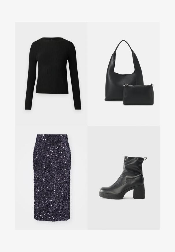 Suéter preto de mangas compridas com textura canelada, justo ao corpo, com um decote redondo, exibido contra um fundo claro e liso.; Saia lápis com lantejoulas roxas e design ajustado. Tecido suave, até ao joelho, totalmente adornada com pequenas lantejoulas refletivas.; Botas de tornozelo pretas feitas de couro liso, com fecho lateral, salto grosso texturizado e design de bico arredondado.; Even&Odd Mala de mão - black