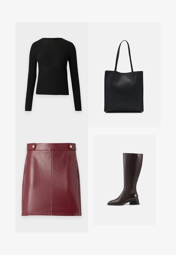 Maglione fitted a maniche lunghe nero a costine con scollo rotondo, esposto su uno sfondo chiaro e semplice.; Gonna mini in pelle borgogna con una texture liscia, caratterizzata da un design aderente, pannelli laterali e due bottoni dorati in vita.; Stivali in pelle marrone al ginocchio con finitura liscia, punta arrotondata e tacco nero impilato. Design semplice con dettagli hardware minimi.; Borsa tote in pelle nera con texture liscia, forma rettangolare e due manici lunghi. Nessun hardware o decorazione visibile.