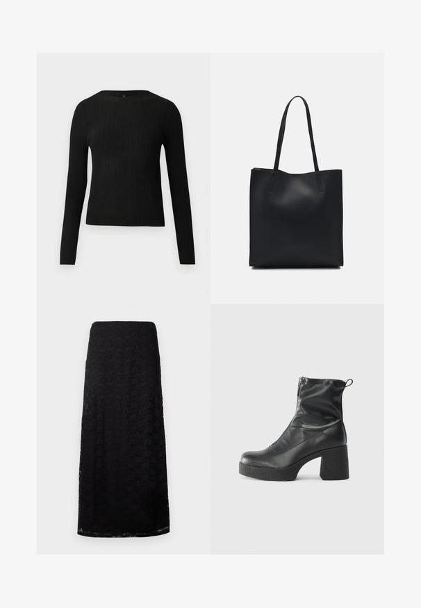 Črna rebrasta dolgosleeve prilegnjena pulover s krožnim ovratnikom, prikazan na enostavni svetli podlagi.; Črna čipkasta midi krila z cvetličnim vzorcem, ravnega kroja in subtilno teksturo, prikazana na enostavni beli podlagi.; Črne gležnjarje iz gladke kože z božnim zadrgo, masivnim teksturiranim peto in zaobljeno obliko prstov.; Črna usnjena torba s svilnato teksturo, pravokotne oblike in dvema dolgima ročajema. Brez vidnih metalnih delov ali okrasnih elementov.