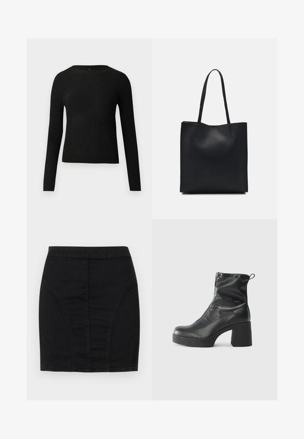 Suéter negro de manga larga ajustado con estampado de canalé y cuello redondo, exhibido sobre un fondo claro y liso.; Mini falda de mezclilla negra con un diseño ajustado, paneles estructurados y costuras visibles para un detalle adicional. Textura suave y silueta elegante.; Botines negros de tobillo, hechos de cuero suave, con cierre lateral, tacón grueso texturizado y diseño de punta redondeada.; Bolso tote de cuero negro con textura lisa, forma rectangular y dos asas largas. Sin herrajes ni adornos visibles.