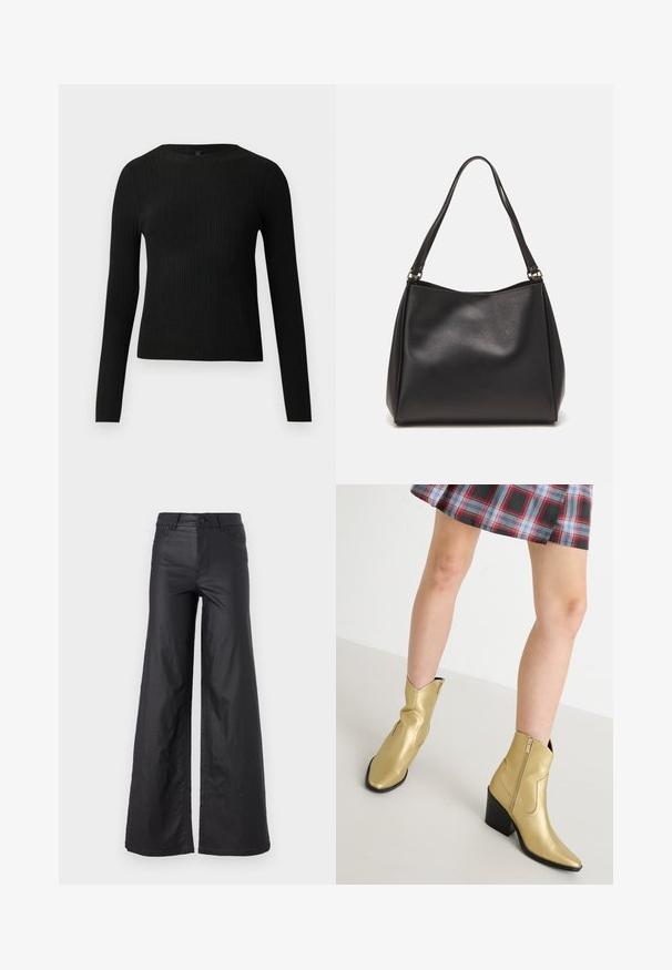 Pulover negru cu mâncă lungă, cu textură ribbed, cu decolteu rotund, expus pe un fundal deschis și simplu.; Pantaloni negri, cu picioare largi, dintr-un material de piele ecologică. Prezentază talie înaltă, bucle pentru curea, două buzunare frontale și detalii cusute.; Bocanci metalici aurii până la glezne, cu vârful ascuțit, închidere cu fermoar și toc pătrat. Textură netedă cu accente cusute și o formă clasică.; Geantă de mână din piele sintetică neagră, cu o textură moale, formă hobo și două bretele pentru umăr; prezintă un finisaj lucios și un design minimalist.