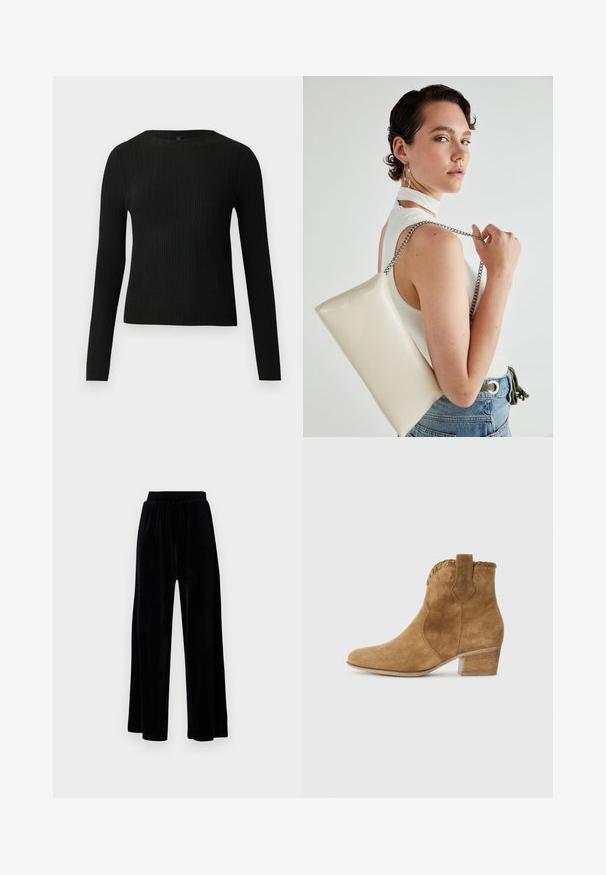 Črna rebrasta dolgosleeve prilegnjena pulover s krožnim ovratnikom, prikazan na enostavni svetli podlagi.; Črne široke hlače iz mehkega žameta, z elastičnim pasom in gladko teksturo, brez vidnih detajlov ali vzorcev.; Bordo semiš škornji do gležnjev s koničastim nosom, teksturiranimi obrobami na ovratniku in blokastim peto. Imajo zanko za enostavno obuvanje.; Bela pravokotna torbica za ključe iz sijajnega materiala, opremljena s srebrno verižico. Model pozira in prikazuje torbico na enobarvni podlagi.