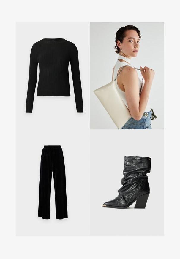 Svart ribbestrikket langermet tettsittende genser med rund hals, vist mot en ensfarget lys bakgrunn.; Sorte vide bukser laget av myk vernet, med elastisk midjebånd og en jevn tekstur, uten synlige detaljer eller mønstre.; Svart ankelstøvel i skinn med quiltet tekstur, spiss tupp og tykk hæl. Har en foldet overdel med gullaccent.; Hvit rektangulær clutch-veske laget av blankt materiale, med en sølvkjede-stropp. Modellen poserer og viser vesken mot en ensfarget bakgrunn.