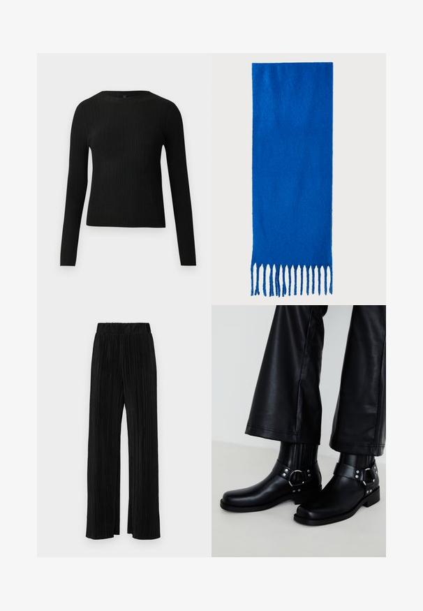 Black ribbed long-sleeve fitted sweater with a round neckline, displayed against a plain light background.; Black pleated trousers with an elastic waistband. Features wide legs and a smooth, textured fabric with vertical stripes.; Black leather ankle boots with a rounded toe, featuring a decorative buckle and studs on the strap, and vertical ribbed detailing.; Blue fringed scarf made of soft fabric; features a solid color with a textured surface and evenly cut fringe at the bottom.; Black leather tote bag with smooth texture, rectangular shape, and two long handles. No visible hardware or embellishments.