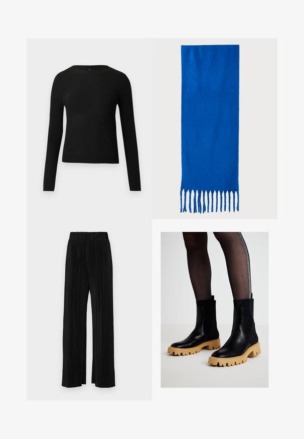 Czarny, prążkowany, dopasowany sweter z długim rękawem i okrągłym dekoltem, wyeksponowany na jednolitym jasnym tle.; Czarne spodnie plisowane z elastycznym paskiem w talii. Posiadają szerokie nogawki oraz gładki, teksturowany materiał z pionowymi paskami.; Czarne skórzane botki za kostkę z masywną beżową gumową podeszwą i żebrowanymi akcentami z tkaniny. Gładka tekstura, okrągły czubek i wysoka elastyczna cholewka.; Niebieski szalik z frędzlami wykonany z miękkiego materiału; ma jednolity kolor z teksturowaną powierzchnią i równomiernie przyciętymi frędzlami na dole.; Czarna skórzana torba tote o gładkiej fakturze, prostokątnym kształcie i dwóch długich uchwytach. Brak widocznych elementów metalowych i ozdób.