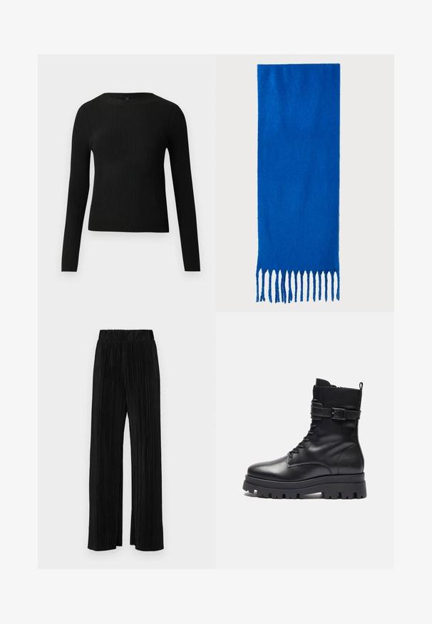 Melna, ribota, garām piedurknēm pieguļoša džemperis ar apaļu kakla izgriezumu, izlikta pret vienkāršu gaišu fonu.; Melni plīšu bikses ar elastīgu jostu. Tām ir platākas kājas un gluda, teksturēta auduma ar vertikālām svītrām.; Melnas ādas potīšu zābaki ar noapaļotu purngalu, šņorējamu priekšpusi, sprādzi sānos un masīvu gumijas zoli.; Zils frizēts šalle, izgatavota no mīkstas auduma; ar viendabīgu krāsu un teksturētu virsmu, zemē ir vienmērīgi sagriezti frizūras gali.; Melnas ādas somiņa ar gludu tekstūru, taisnstūra formu un divām garām rokturiem. Nav redzamu aparatūras vai rotājumu.