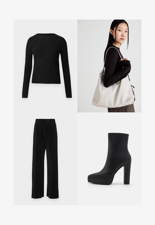 Črna rebrasta dolgosleeve prilegnjena pulover s krožnim ovratnikom, prikazan na enostavni svetli podlagi.; Črne plisirane hlače z elastičnim pasom. Imajo široke noge in gladko, teksturirano tkanino z navpičnimi črtami.; Črne gležnjarje s koničasto toe, izdelane iz gladkega usnja. Imajo debel, visok peto in platformo za dodatno višino.; Bežna torbica iz mehkega materiala, z ohlapno zasnovo, šivi in dvema naramnicama. Primerna za vsakodnevno uporabo.