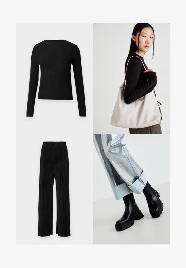Black ribbed long-sleeve fitted sweater with a round neckline, displayed against a plain light background.; Black pleated trousers with an elastic waistband. Features wide legs and a smooth, textured fabric with vertical stripes.; Black chunky ankle boots with textured soles, worn with silver metallic pants featuring a light denim cuff. Minimalist design, sleek materials.; Beige handbag made of soft material, featuring a slouchy design, stitched detailing, and two shoulder straps. Suitable for everyday use.