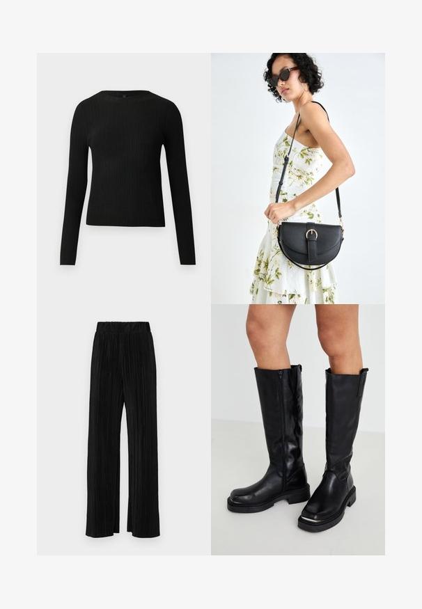 Pull ajusté noir à manches longues et côtelé avec un col rond, présenté sur un fond clair uni.; Pantalons plissés noirs avec une taille élastique. Présente des jambes larges et un tissu lisse texturé avec des rayures verticales.; Bottes en cuir noires montantes avec une fermeture éclair latérale, semelle en caoutchouc épaisse et finition texturée, dotées d'un design minimaliste.; Sac à main en cuir noir avec une forme courbée, bandoulière amovible et des accessoires en or. Le sac est doté d'un rabat avec un détail de boucle.
