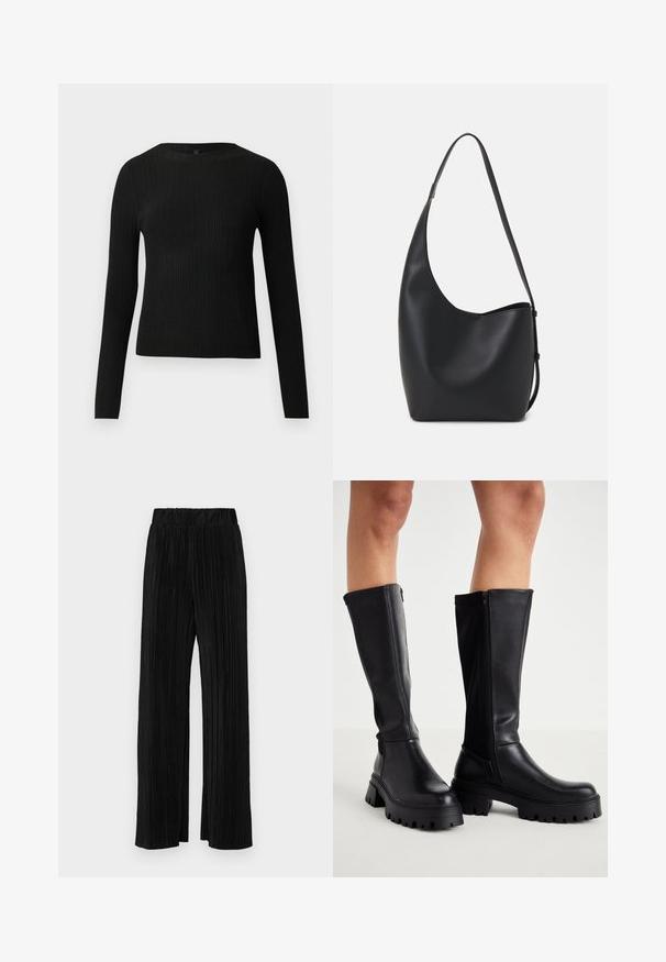 Crni rebrasti dugouhasti pripijeni pulover s okruglim izrezom, prikazan na jednostavnoj svijetloj pozadini.; Crne plisirane hlače s elastičnim pojasom. Imaju široke nogavice i glatku, teksturiranu tkaninu s vertikalnim prugama.; Crne čizme do koljena izrađene od glatke umjetne kože s debelim potplatom, bočnim zatvaračem i zaobljenim vrhom.; Crna kožna hobo torba s glatkom teksturom, zakrivljenim oblikom i jednom podesivom trakicom; ima širok otvor na vrhu.