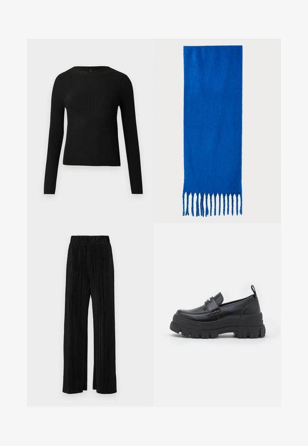 Black ribbed long-sleeve fitted sweater with a round neckline, displayed against a plain light background.; Black pleated trousers with an elastic waistband. Features wide legs and a smooth, textured fabric with vertical stripes.; Black leather slip-on shoe with a chunky black rubber sole. Features a broad strap across the front and a stitched design around the toe.; Blue fringed scarf made of soft fabric; features a solid color with a textured surface and evenly cut fringe at the bottom.; Black leather tote bag with smooth texture, rectangular shape, and two long handles. No visible hardware or embellishments.