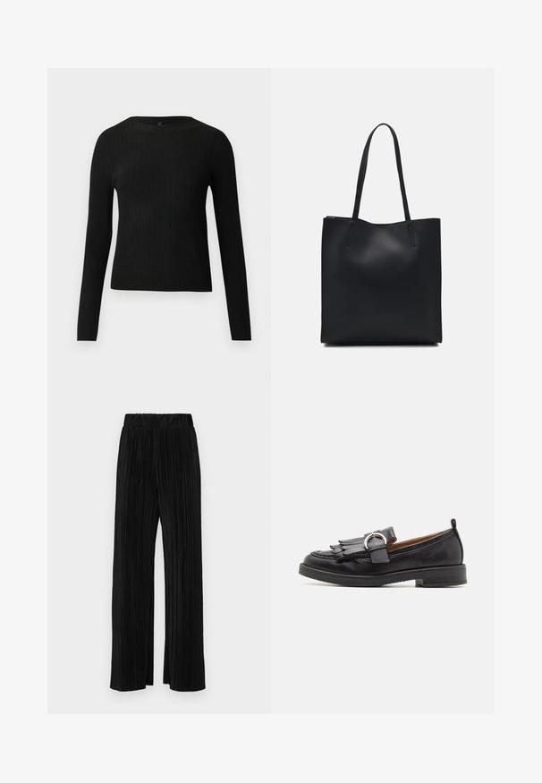 Crni rebrasti dugouhasti pripijeni pulover s okruglim izrezom, prikazan na jednostavnoj svijetloj pozadini.; Crne plisirane hlače s elastičnim pojasom. Imaju široke nogavice i glatku, teksturiranu tkaninu s vertikalnim prugama.; Pavement MATILDA - Obuća za navlačenje - black; Crna kožna torba za nošenje s glatkom teksturom, pravokutnim oblikom i dvije duge ručke. Nema vidljivih metalnih dijelova ili ukrasa.