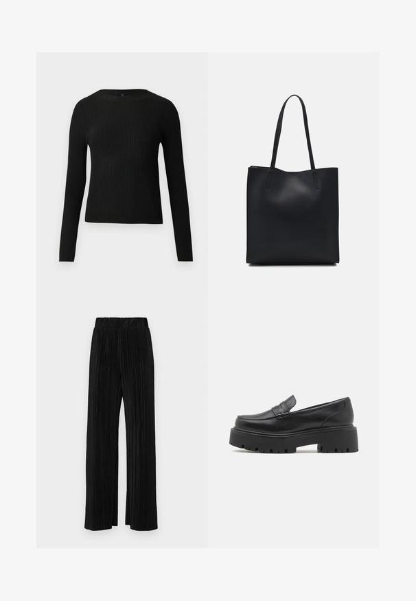 Black ribbed long-sleeve fitted sweater with a round neckline, displayed against a plain light background.; Black pleated trousers with an elastic waistband. Features wide legs and a smooth, textured fabric with vertical stripes.; Black leather loafers with a low, chunky rubber sole, stitched detailing on the upper, and a smooth texture.; Black leather tote bag with smooth texture, rectangular shape, and two long handles. No visible hardware or embellishments.