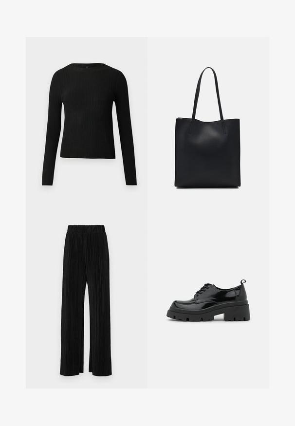 Sort ribbet langærmet tætsiddende sweater med rund halsudskæring, præsenteret på en ensfarvet lys baggrund.; Sorte plisserede bukser med elastisk talje. Har brede ben og et glat, tekstureret stof med lodrette striber.; Sorte patentlæder sko med en kraftig platformsål og tykke snørebånd. Runde tå, minimal detaljer og en lille hæltab bagpå.; Sort læder tote taske med glat tekstur, rektangulær form og to lange hanke. Ingen synlig hardware eller udsmykninger.
