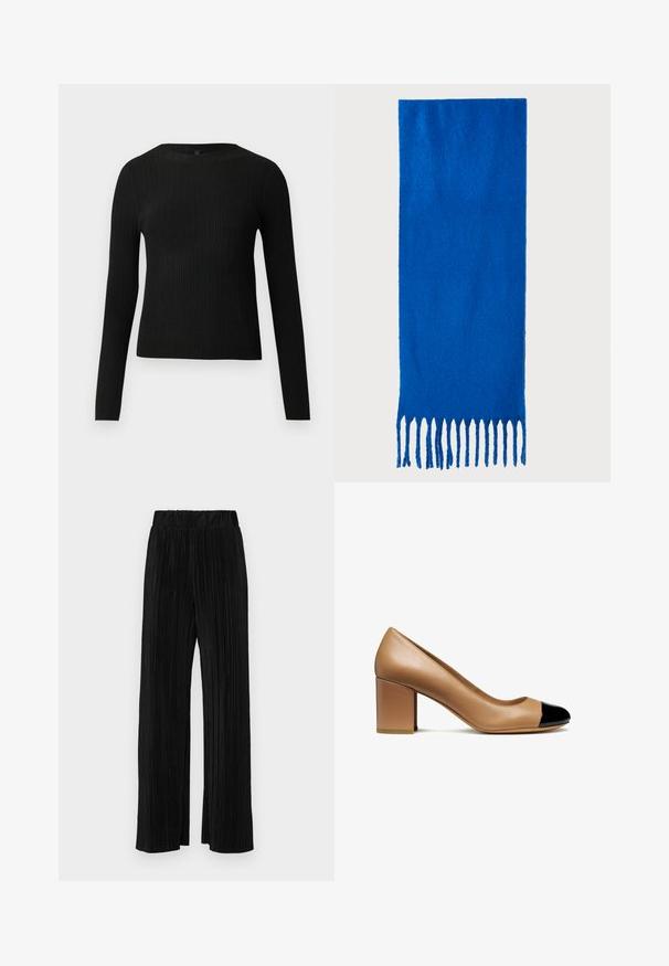 Černý žebrovaný dlouhý rukáv těsně padnoucí svetr s kulatým výstřihem, vystavený na jednoduchém světlém pozadí.; Černé plisované kalhoty s elastickým pasem. Mají široké nohavice a hladkou, strukturovanou tkaninu s vertikálními pruhy.; Beige kožené lodičky s kulatou špičkou a černou lakovanou špičkou, s blokovým podpatkem a hladkým povrchem.; Modrý šátek s třásněmi vyrobený z měkké tkaniny; má jednobarevný vzhled s texturovaným povrchem a rovnoměrně střiženými třásněmi na spodní straně.; Černá kožená taška s dlouhými ušima, hladkým povrchem a strukturovaným tvarem. Obsahuje přední kapsu pro další úložný prostor.