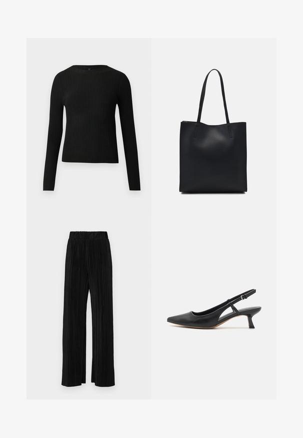 Black ribbed long-sleeve fitted sweater with a round neckline, displayed against a plain light background.; Black pleated trousers with an elastic waistband. Features wide legs and a smooth, textured fabric with vertical stripes.; Black leather slingback shoe with a pointed toe, low block heel, cut-out side detail, and adjustable ankle strap. Smooth texture throughout.; Black leather tote bag with smooth texture, rectangular shape, and two long handles. No visible hardware or embellishments.