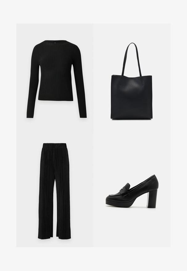 Melna, ribota, garām piedurknēm pieguļoša džemperis ar apaļu kakla izgriezumu, izlikta pret vienkāršu gaišu fonu.; Melni plīšu bikses ar elastīgu jostu. Tām ir platākas kājas un gluda, teksturēta auduma ar vertikālām svītrām.; Melnas ādas augstpapēžu platformas loaferes ar noapaļotu purngalu un dekoratīvu siksniņu. Papēdis ir ar strukturētu sudraba akcentu.; Melnas ādas somiņa ar gludu tekstūru, taisnstūra formu un divām garām rokturiem. Nav redzamu aparatūras vai rotājumu.