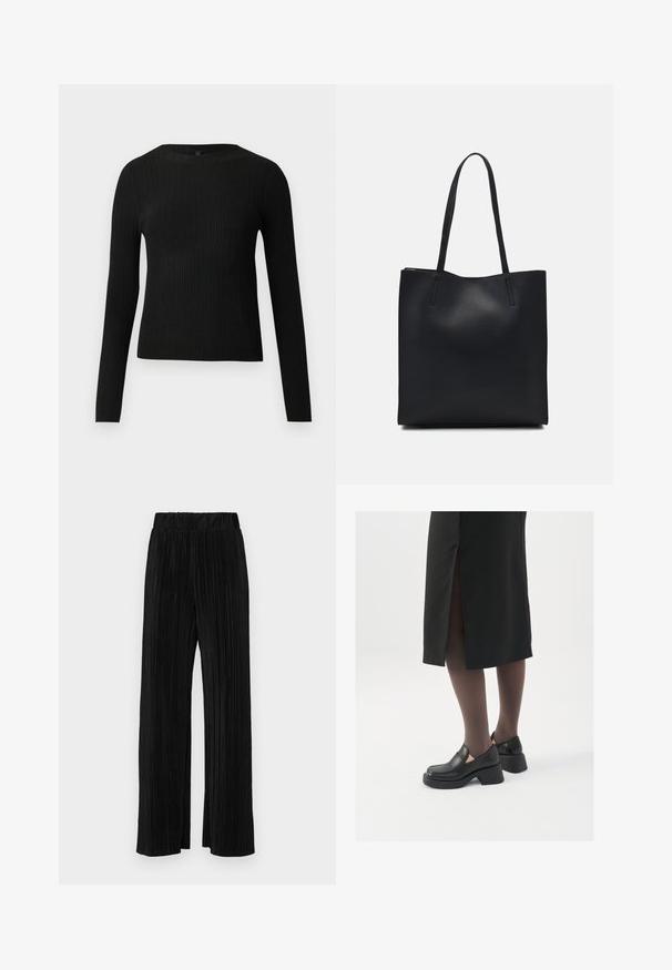 Suéter preto de mangas compridas com textura canelada, justo ao corpo, com um decote redondo, exibido contra um fundo claro e liso.; Calças pregueadas pretas com uma cintura elástica. Apresentam pernas largas e um tecido liso, texturizado com riscas verticais.; Sapatos de couro pretos com bico arredondado, salto bloco grosso e detalhes elásticos laterais, combinados com meias escuras e uma saia preta com uma abertura.; Bolsa tote preta em couro com textura lisa, forma retangular e duas alças longas. Sem hardware ou enfeites visíveis.
