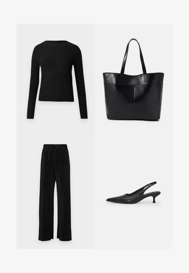 Melna, ribota, garām piedurknēm pieguļoša džemperis ar apaļu kakla izgriezumu, izlikta pret vienkāršu gaišu fonu.; Melni plīšu bikses ar elastīgu jostu. Tām ir platākas kājas un gluda, teksturēta auduma ar vertikālām svītrām.; Melnas ādas slīdošās kurpes ar norādītu pirkstu un šauru, izliekta papēdi. Ar diskrētu regulējamu siksniņu ar metāla sprādzi.; Melnas ādas iepirkumu soma ar divām garām rokturām, gludu tekstūru un strukturētu formu. Iekļauj priekšējo kabatu papildu uzglabāšanai.