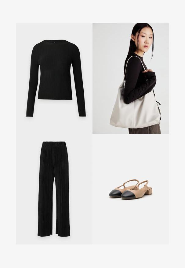 Schwarzer, gerippter, langärmliger, taillierter Pullover mit Rundhalskragen, vor einem schlichten, hellen Hintergrund präsentiert.; Schwarze plissierte Hose mit elastischem Bund. Verfügt über weite Hosenbeine und einen glatten, strukturierten Stoff mit vertikalen Streifen.; Beige Leder Slingback-Schuhe mit einer schwarzen Kappe, Blockabsatz und verstellbarem Riemen. Glatte Textur und minimalistisches Design.; Beige Handtasche aus weichem Material, mit einem lässigen Design, gesteppten Details und zwei Schulterriemen. Geeignet für den täglichen Gebrauch.