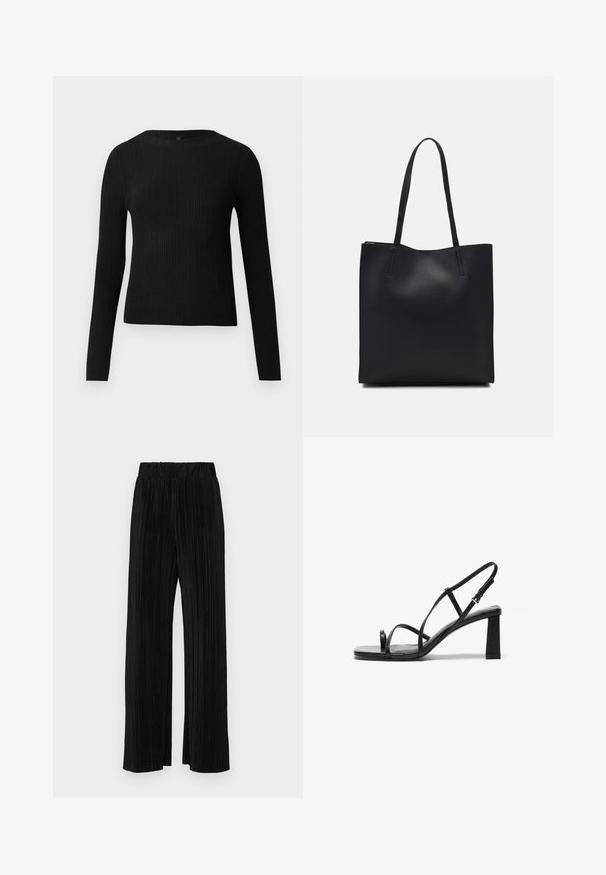 Suéter preto de mangas compridas com textura canelada, justo ao corpo, com um decote redondo, exibido contra um fundo claro e liso.; Calças pregueadas pretas com uma cintura elástica. Apresentam pernas largas e um tecido liso, texturizado com riscas verticais.; Sandálias de salto alto pretas com biqueira quadrada, tiras finas ajustáveis e um salto bloco robusto. Textura de pele suave com detalhes mínimos.; Bolsa tote preta em couro com textura lisa, forma retangular e duas alças longas. Sem hardware ou enfeites visíveis.