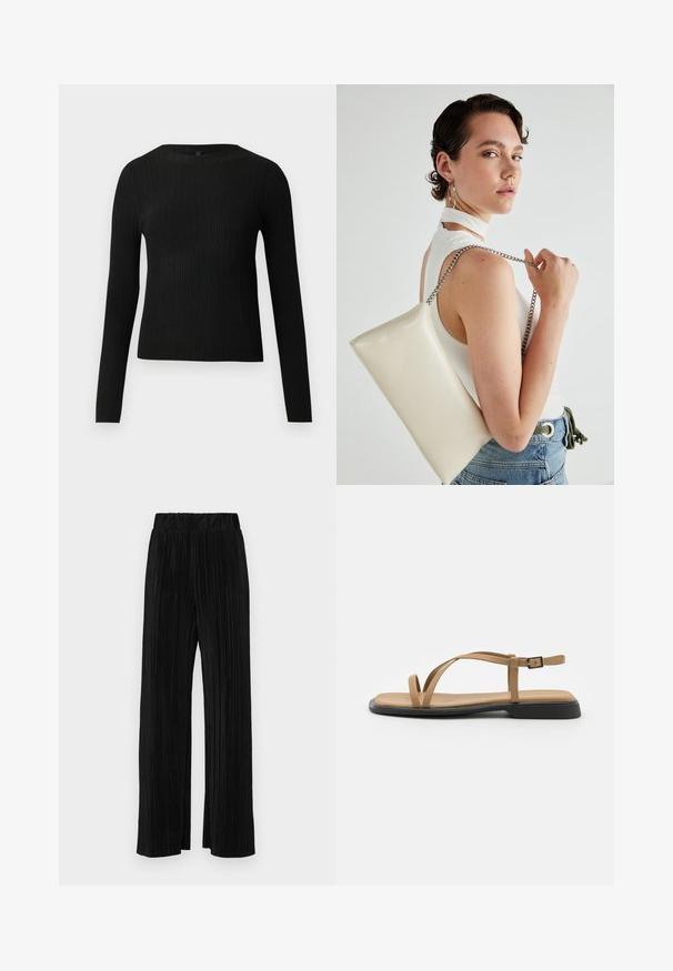 Black ribbed long-sleeve fitted sweater with a round neckline, displayed against a plain light background.; Black pleated trousers with an elastic waistband. Features wide legs and a smooth, textured fabric with vertical stripes.; Tan flat sandal with two thin straps crossing over the foot and a buckle ankle strap. Features a smooth leather-like upper and a black sole.; White rectangular clutch bag made of glossy material, featuring a silver chain strap. Model poses, showcasing the bag against a plain background.