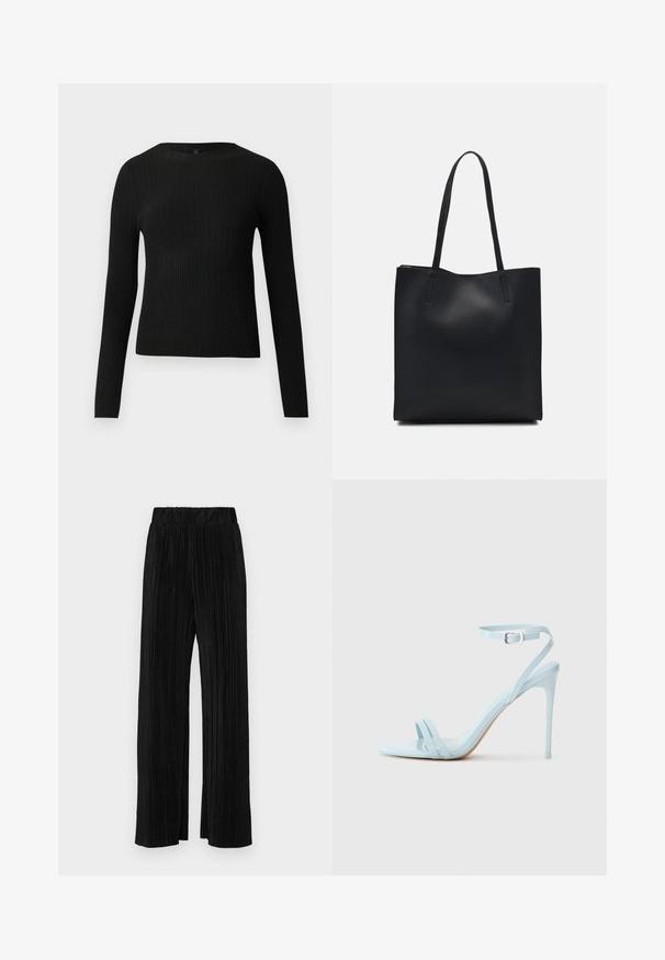 Black ribbed long-sleeve fitted sweater with a round neckline, displayed against a plain light background.; Black pleated trousers with an elastic waistband. Features wide legs and a smooth, textured fabric with vertical stripes.; Light blue stiletto sandal with two front straps and ankle strap, made of smooth patent material, featuring a slim heel and minimal design.; Black leather tote bag with smooth texture, rectangular shape, and two long handles. No visible hardware or embellishments.