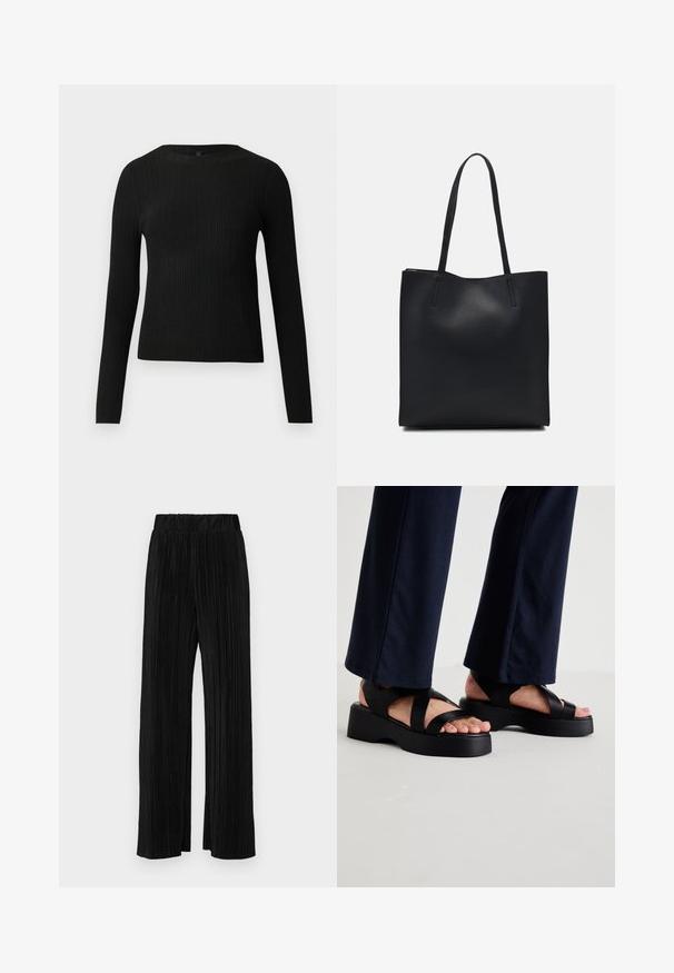 Zwarte geribde langochtriem trui met een ronde halslijn, weergegeven tegen een effen lichte achtergrond.; Zwarte geplooide broek met een elastische tailleband. Beschikt over wijde pijpen en een glad, gestructureerd stof met verticale strepen.; Zwarte platform sandaal met brede kruisbanden en een dikke zool. Het bovenwerk is gemaakt van glad materiaal en heeft een open neus ontwerp.; Zwarte leren handtas met een gladde textuur, rechthoekige vorm en twee lange handvaten. Geen zichtbare hardware of versieringen.