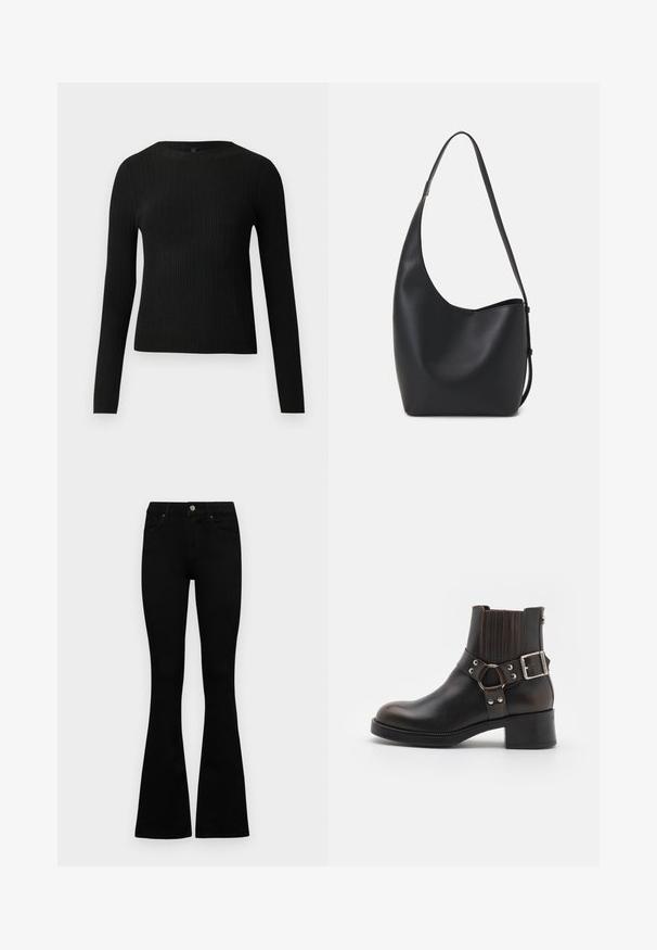 Svart ribbestrikket langermet tettsittende genser med rund hals, vist mot en ensfarget lys bakgrunn.; Sorte høytlivsjeans med knapp og glidelås, frontlommer og utsvingte bein liggende flatt på en hvit bakgrunn.; Svart lær ankelstøvel med rund tå, elastiske sidedele og en dekorativ spennestropp. Har kontrastsøm og en lav hæl.; Svart lær hobo-veske med glatt tekstur, buet form og enkelt justerbart stropp; har en bred åpning på toppen.